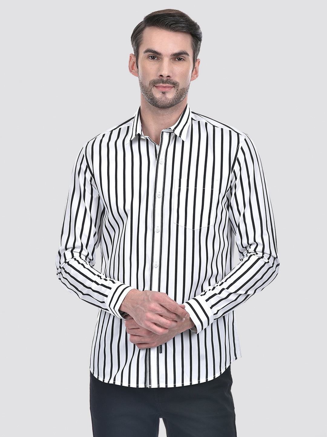 Men's Stripe White Cotton Blend Slim Fit Shirt