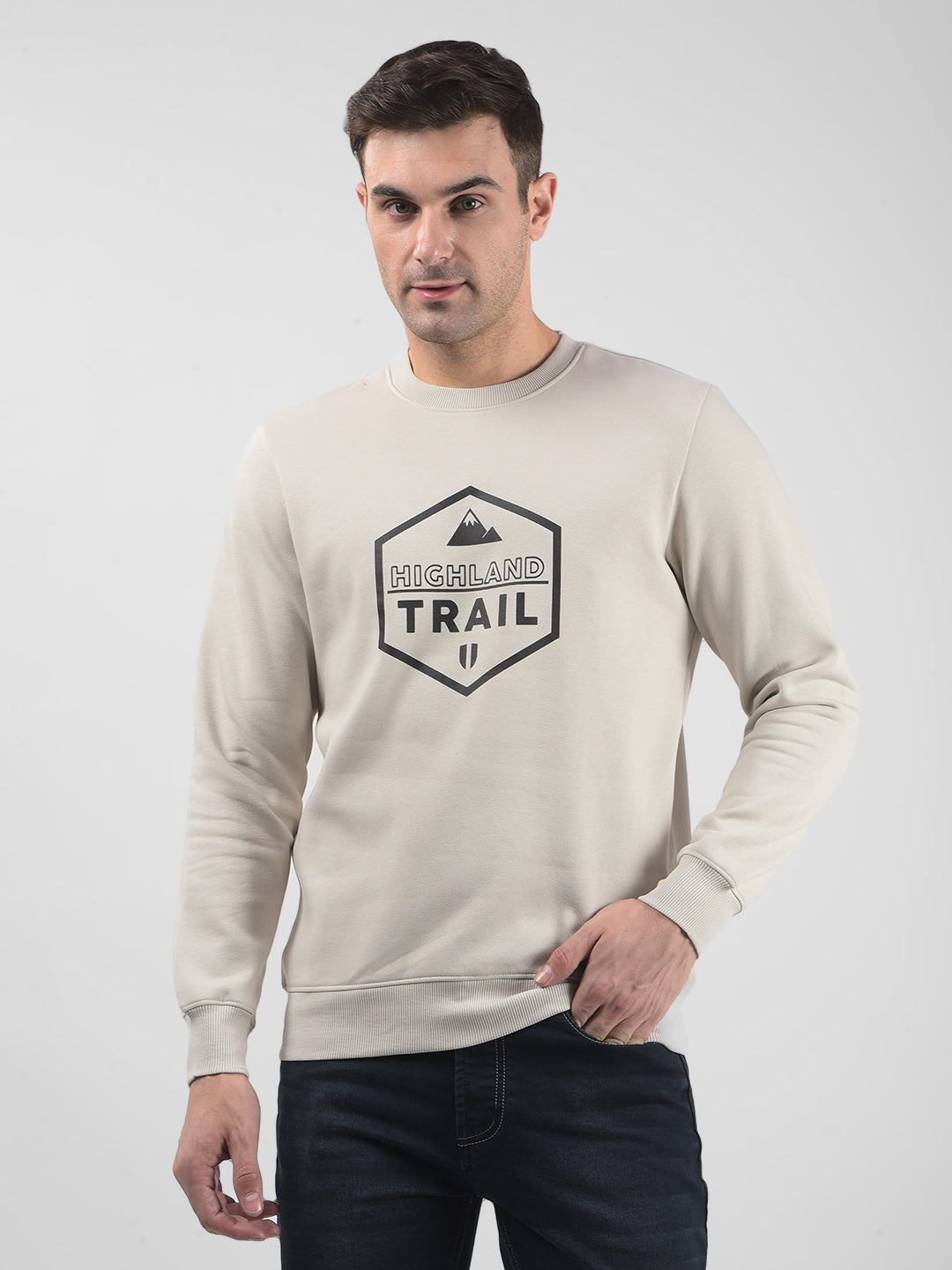 Men's Textured Grey Sweatshirt with Striped Shoulder Detail