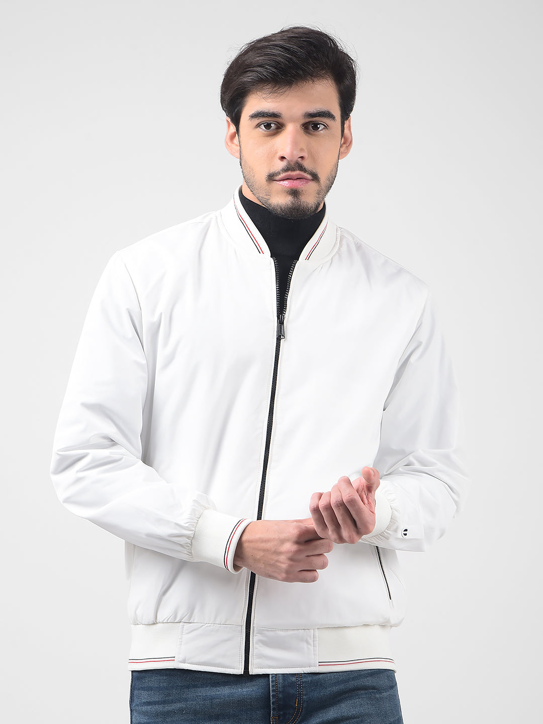 Men's Solid White Bomber Regular Fit Jacket