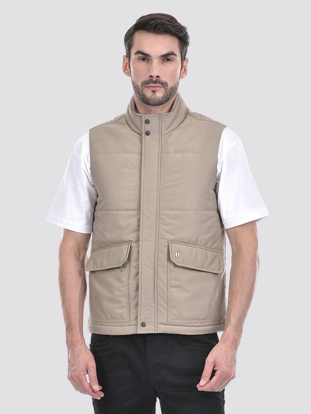 Buy Men's Quilted Beige Large Flap Sleeveless Jacket Online