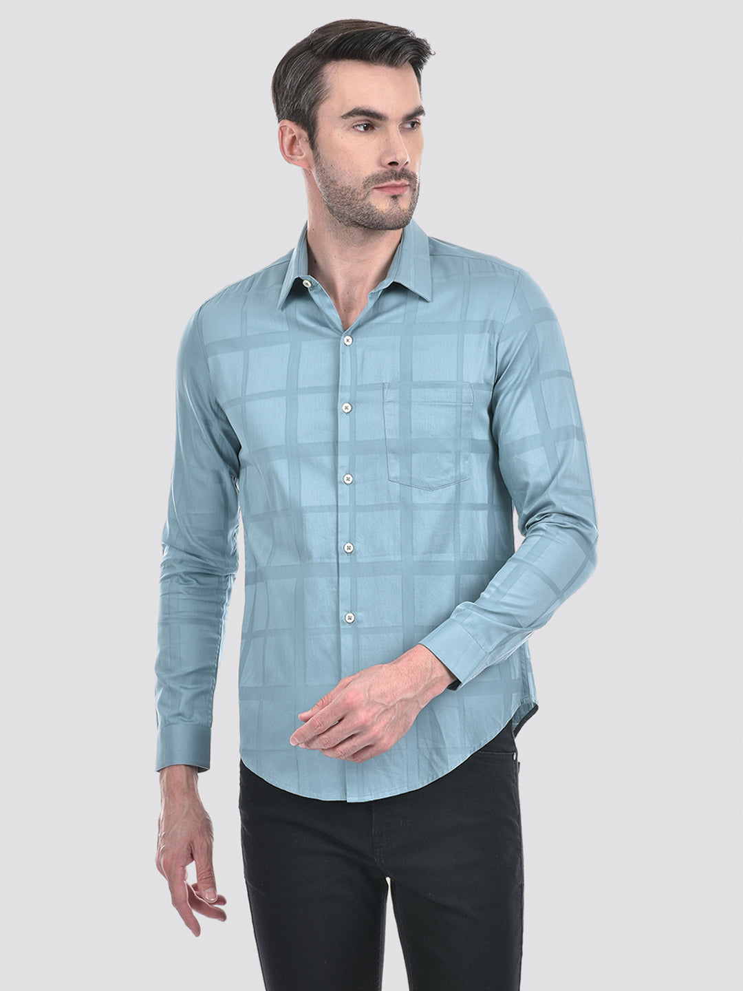 Buy Men's Checks Solid Blue Slim Fit shirt Online Numero Uno