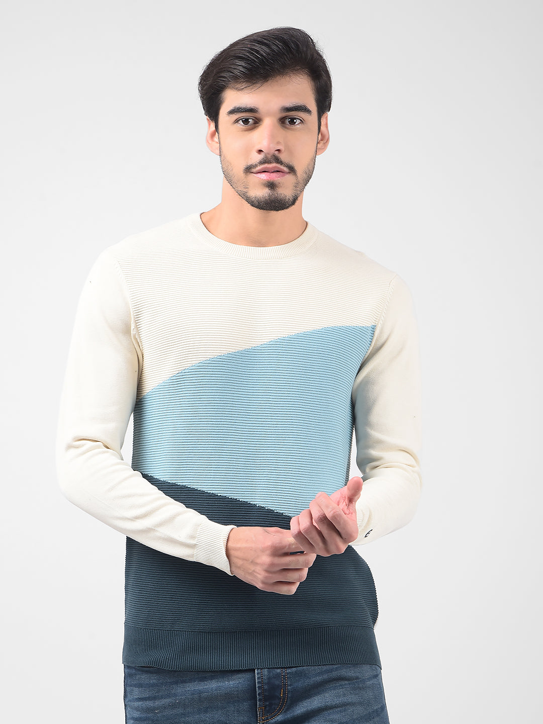 Men's Striped Blue Ribbed Round Neck Sweater