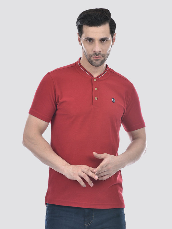 Men's Cherry Red Textured Henley T-Shirt