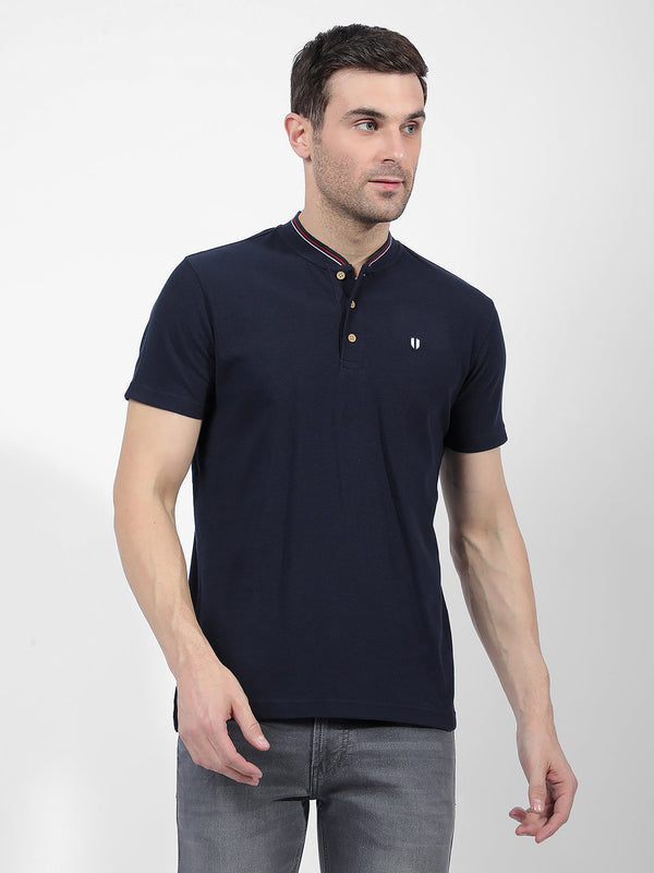 Men's Navy Mandarin Collar Polo T-Shirt