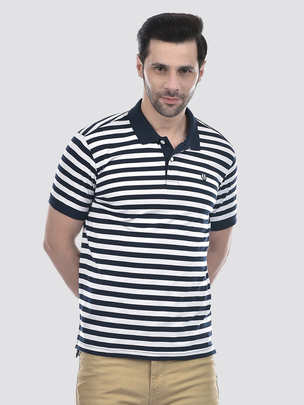 Men's Navy & White Striped Polo T-Shirt