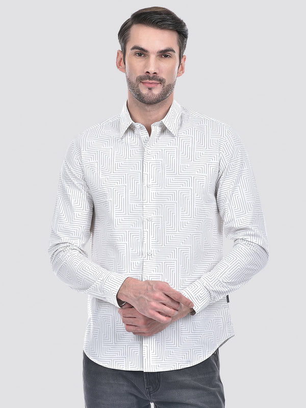 Men's Print White Cotton Slim Fit Shirt