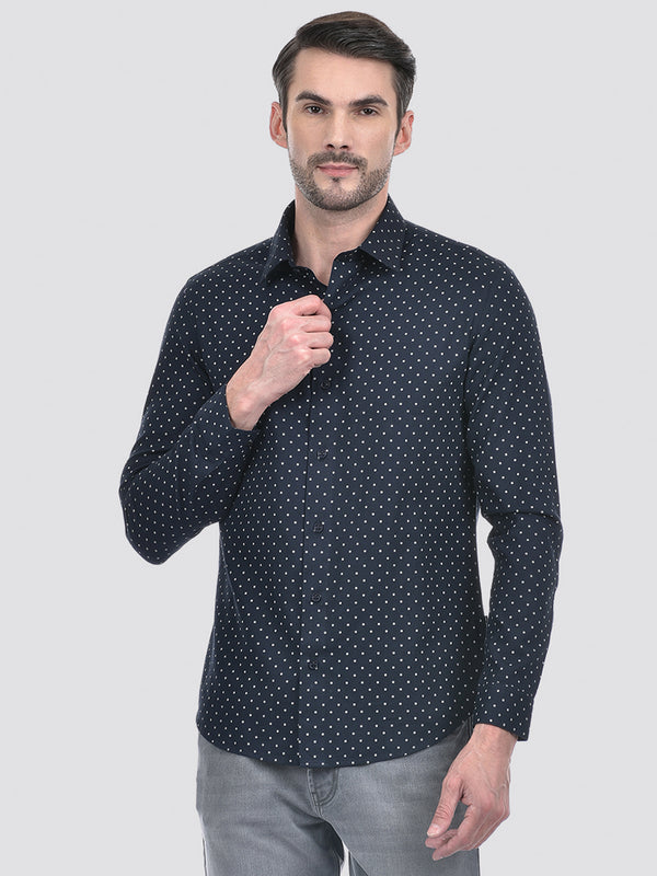 Men's Print Blue Cotton Slim Fit Shirt