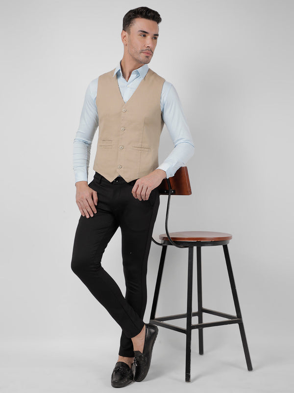 Men's Solid Beige Slim Fit Waistcoat