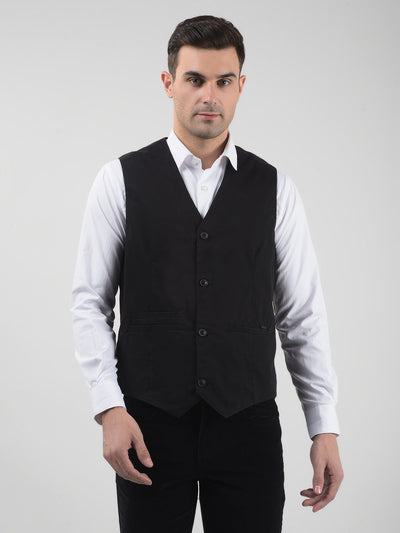 Men's Solid Black Regular Fit Waistcoat