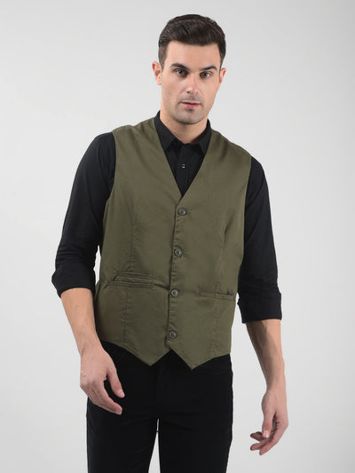 Men's Solid Green Regular Fit Waistcoat