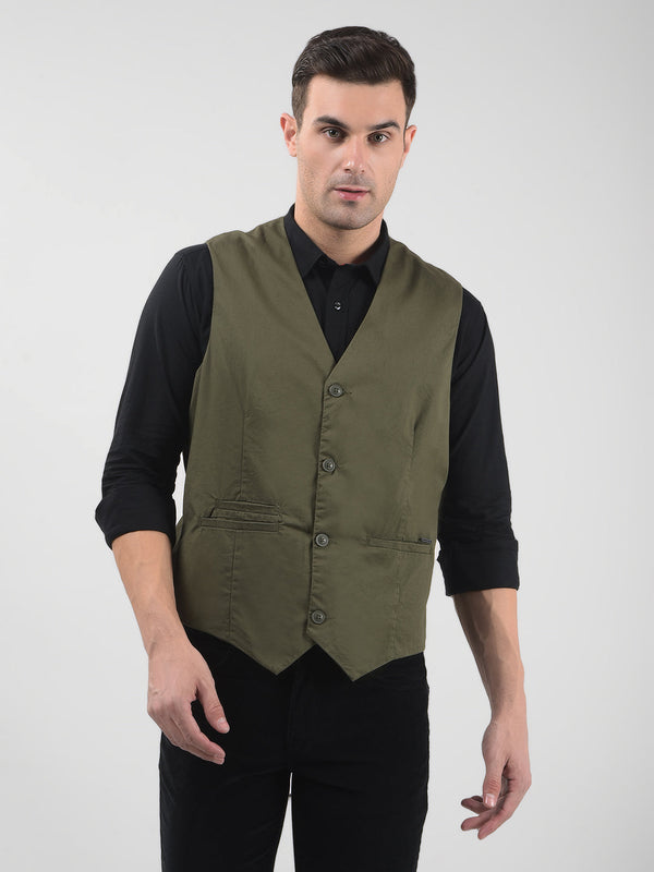 Men's Solid Green Regular Fit Waistcoat
