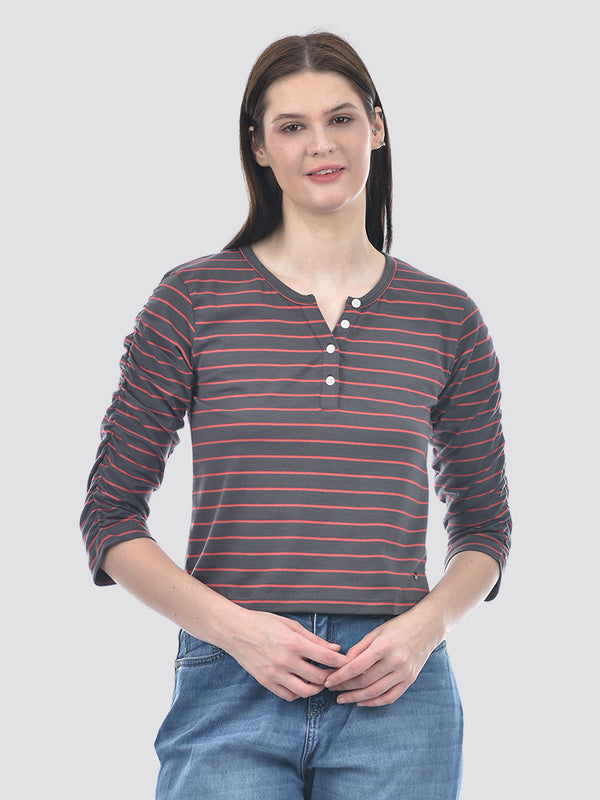 Women's Charcoal Coral Striped Henley T-Shirt