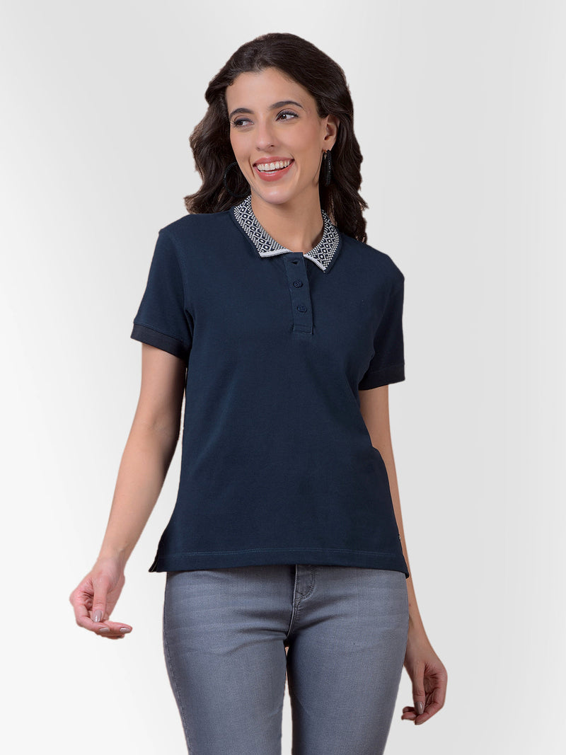 Women Charcoal Polo Neck T-Shirt with Printed Collar