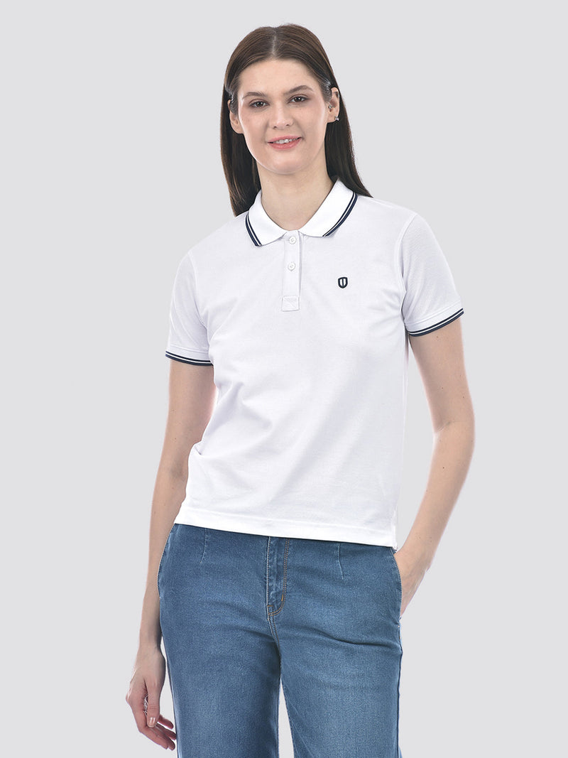 Women's White Tipped Collar Polo Neck T-Shirt