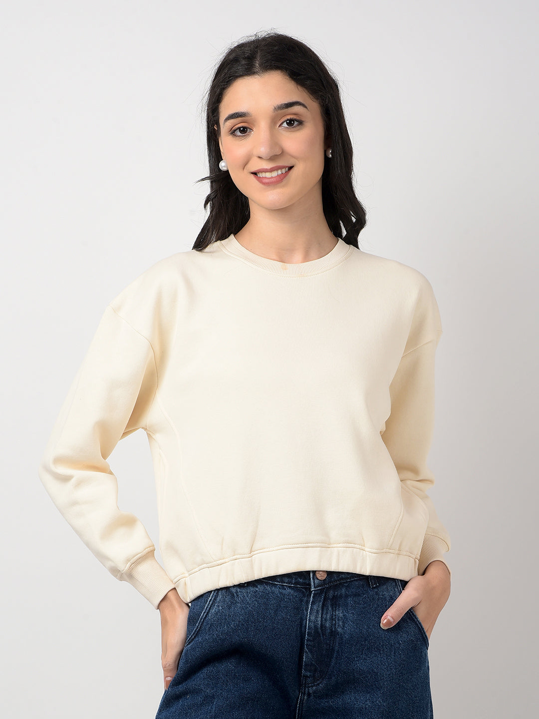 Buy Women's Solid Cream Regular Fit Sweatshirt Online | Numero Uno