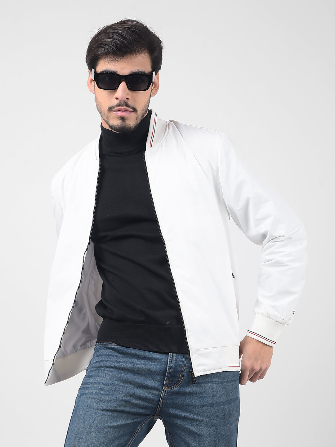 Buy Men's Solid White Bomber Regular Fit Jacket Online | Numero Uno