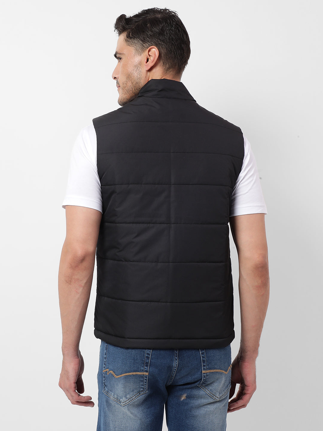Buy Men's Quilted Solid Black Sleeveless Jacket Online | Numero Uno