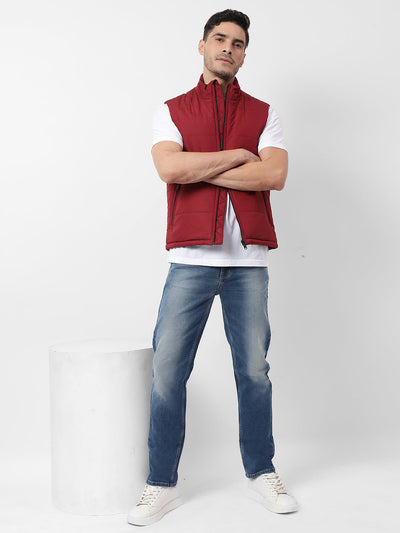 Men's Quilted Solid Red Sleeveless Jacket