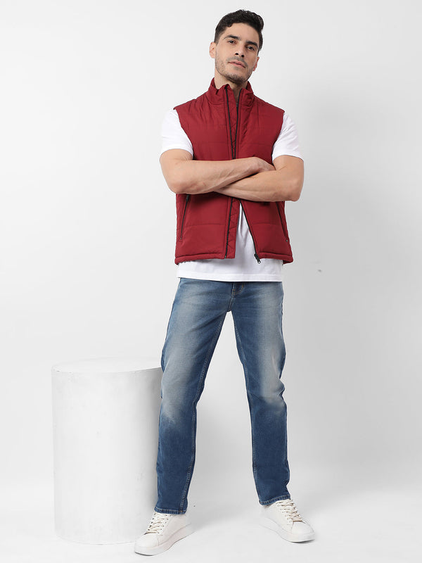 Men's Quilted Solid Red Sleeveless Jacket