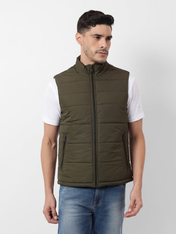 Men's Quilted Solid Green Sleeveless Jacket