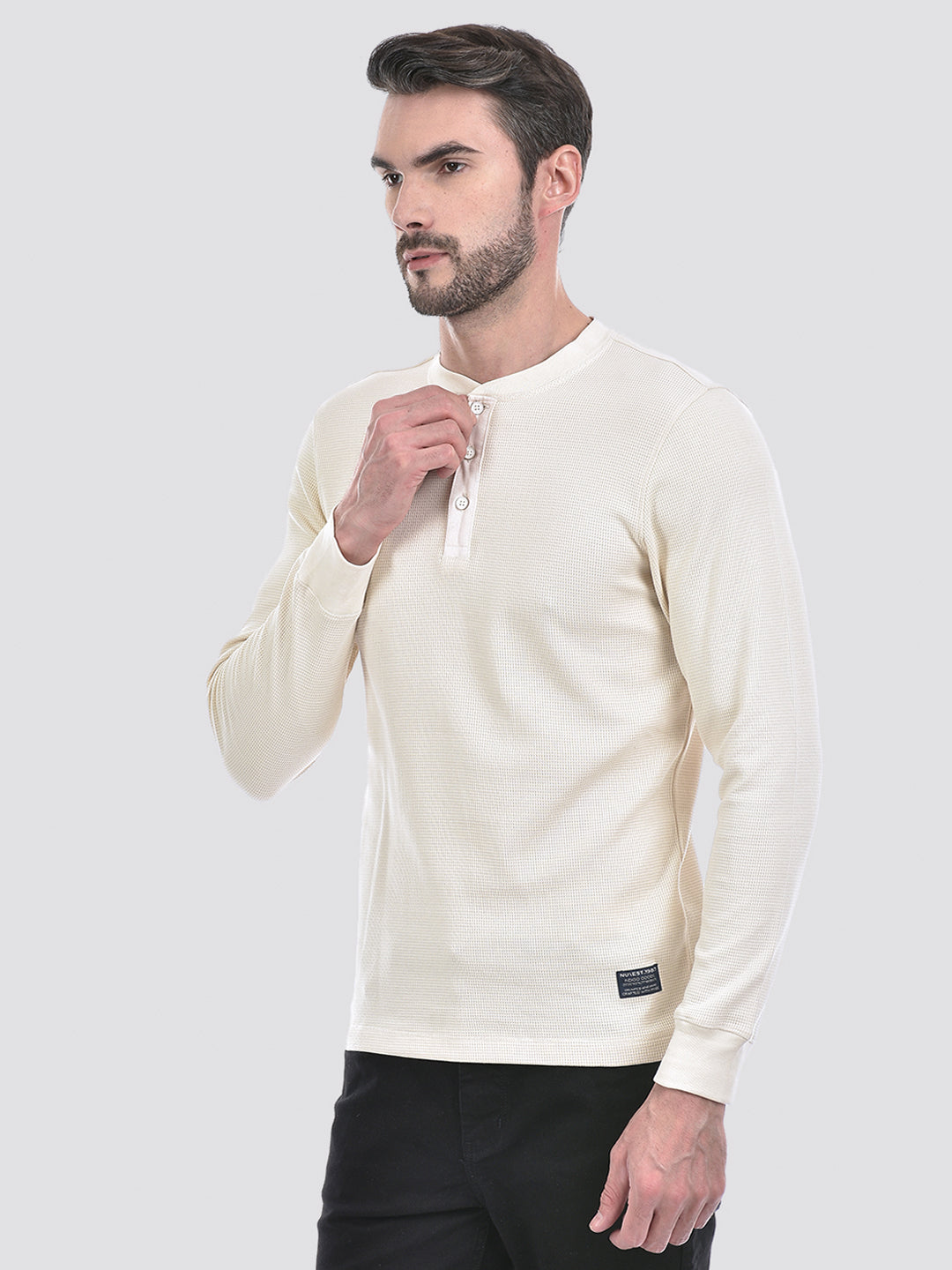 Buy Men's Cream Henley Neck Regular Fit T-Shirt Online | Numero Uno