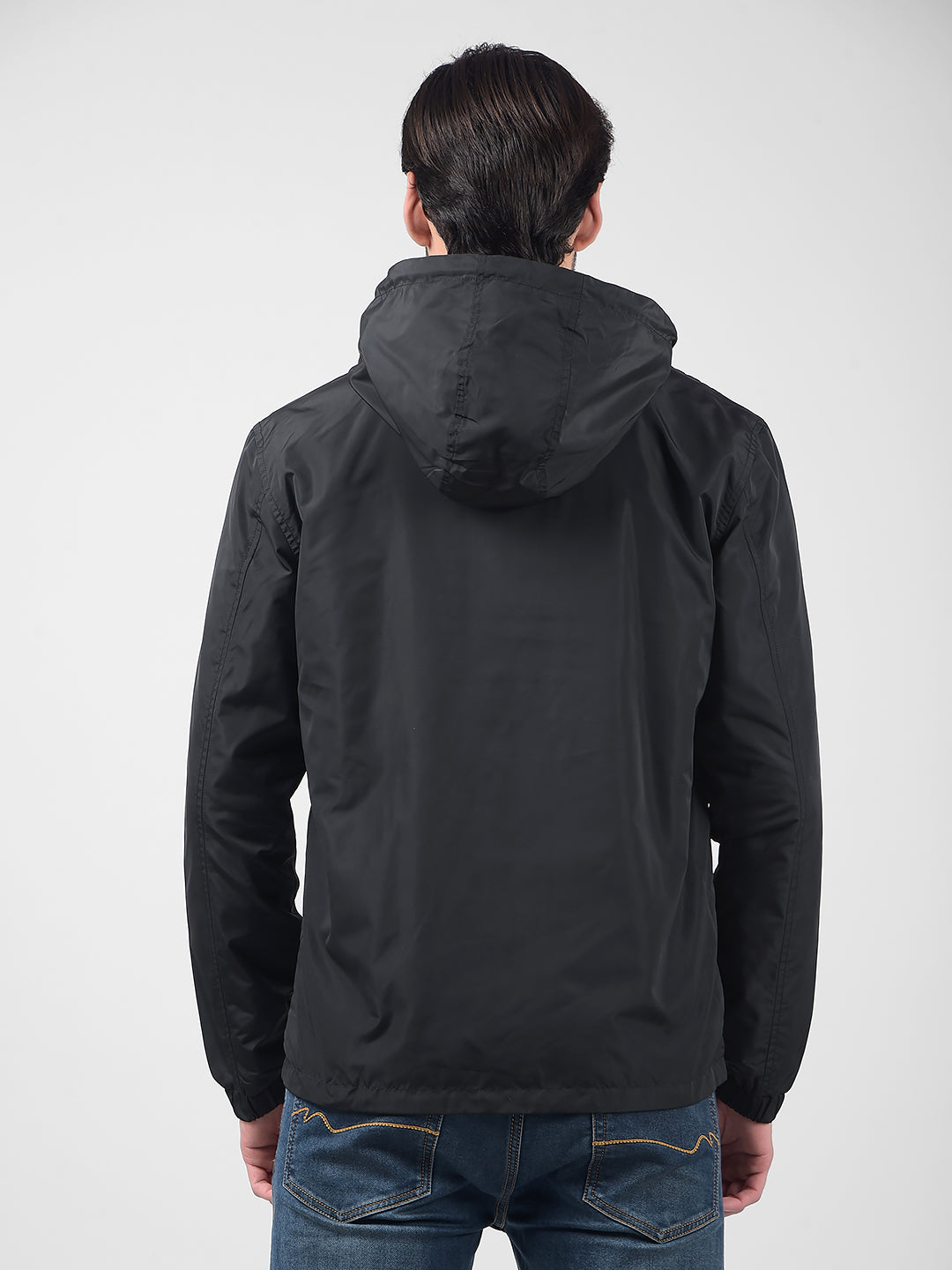 Buy Men's Solid Black Hooded Regular Fit Jacket Online | Numero Uno