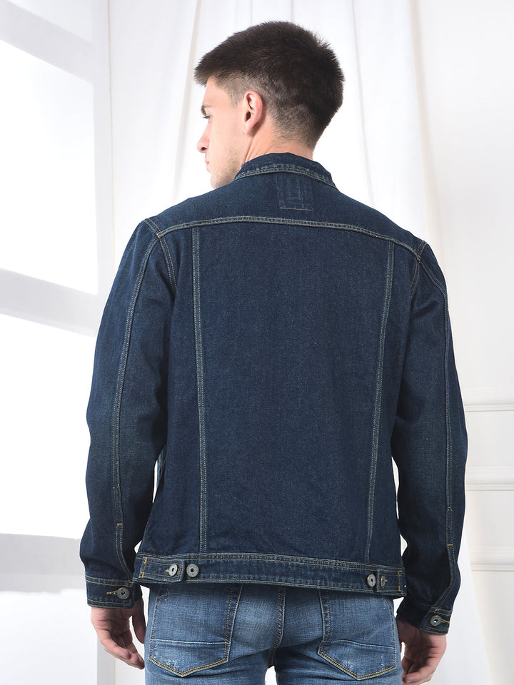 Buy Men's Solid Blue Regular Fit Denim Jacket Online | Numero Uno