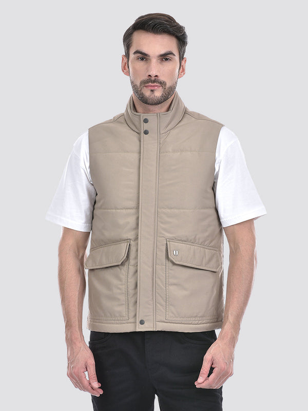 Men's Quilted Beige Large Flap Sleeveless Jacket