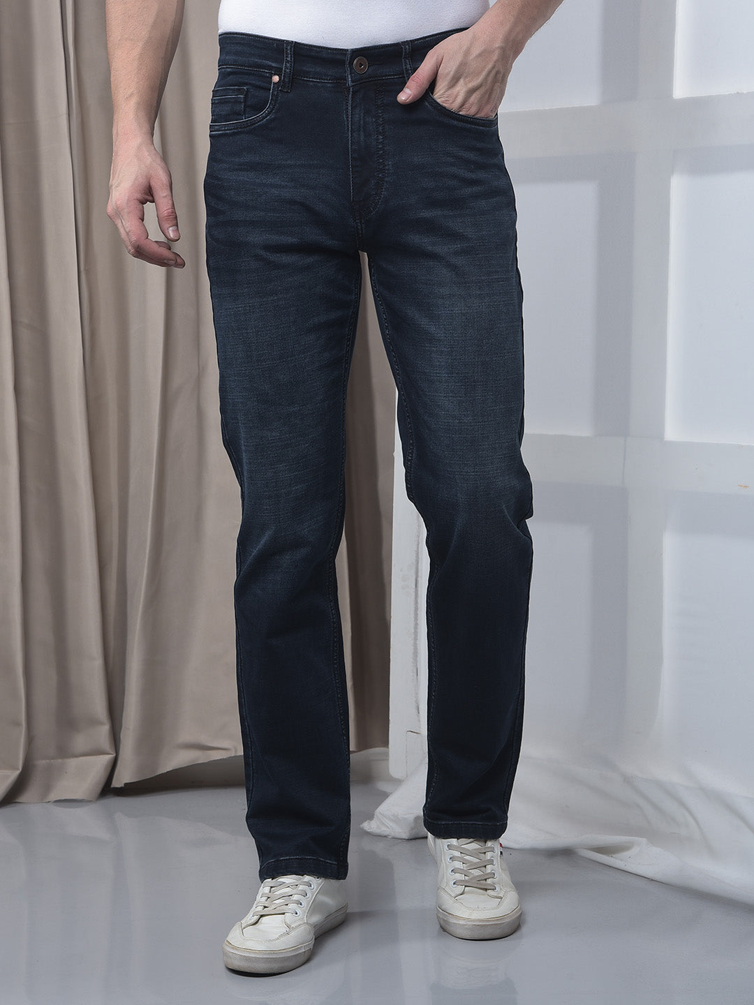 Buy Men's Blue Mid Rise Regular Fit Sustainable Jeans Online | Numero Uno