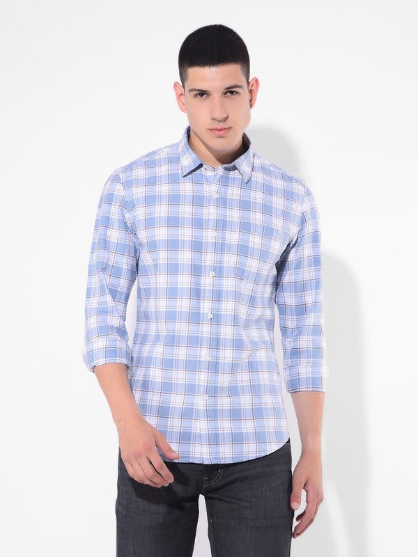 Men's light blue checked slim fit shirt