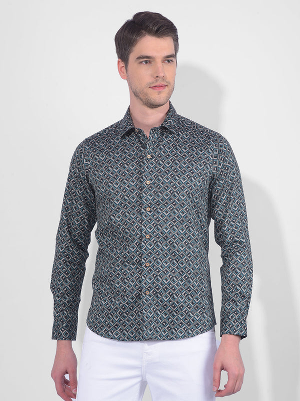 Men's teal geometric printed slim fit shirt