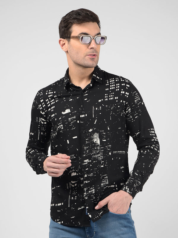 Men's Abstract Printed Black Slim Fit Shirt