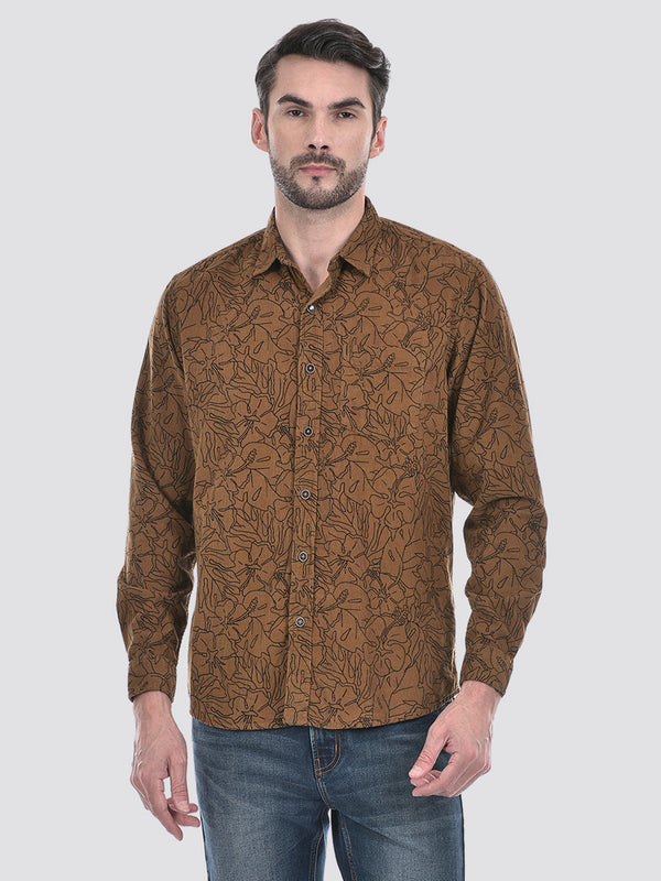 Men's Printed Cotton Brown Slim Fit Shirt