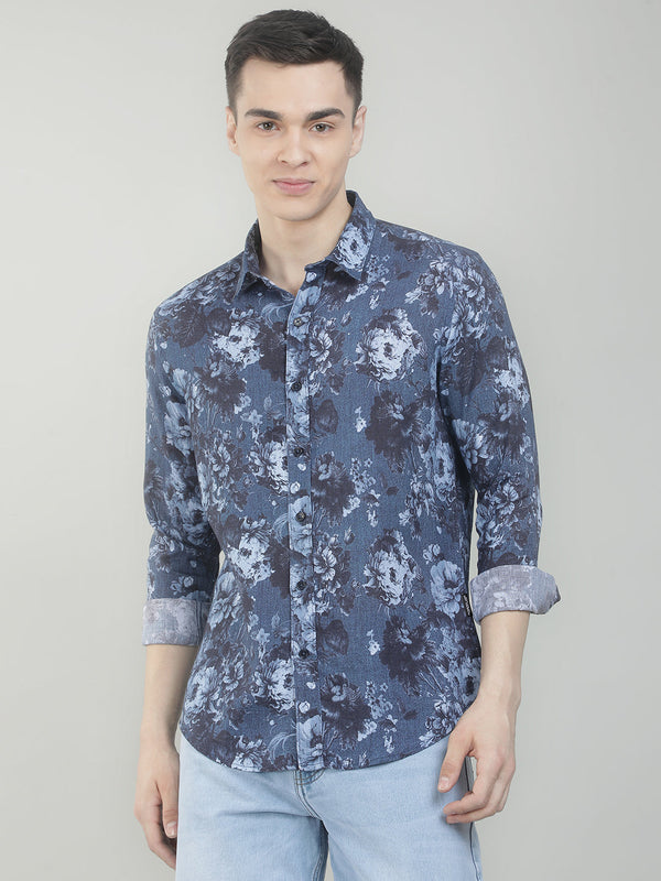 Men's printed navy blue slim fit shirt