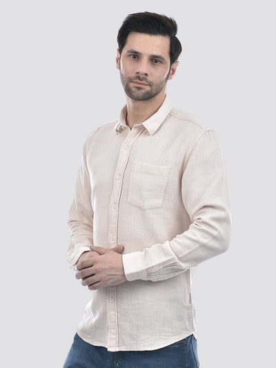 Men's Textured Solid Cream Regular Fit Shirt
