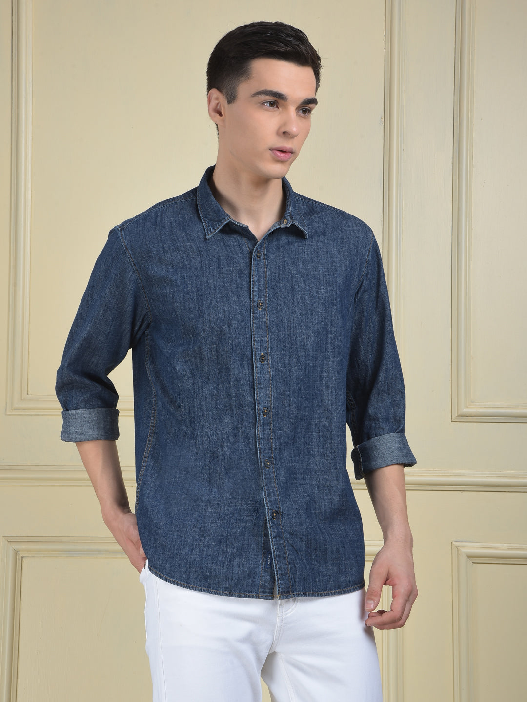 Buy Men's Solid Denim Blue Regular Fit Shirt Online | Numero Uno