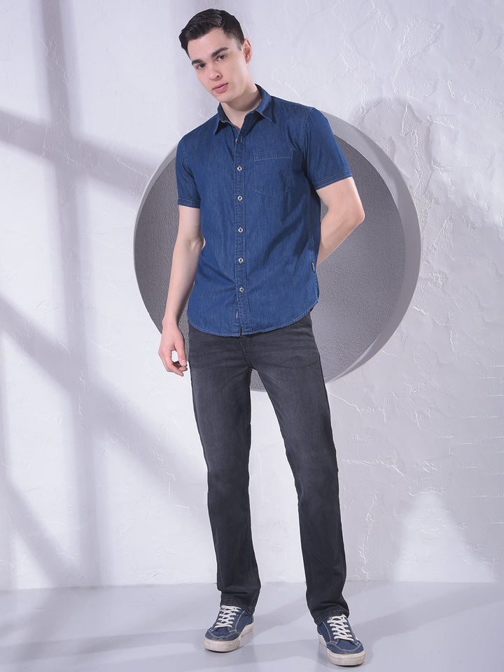 Buy Men's Solid Blue Slim Fit Denim Shirt Online | Numero Uno