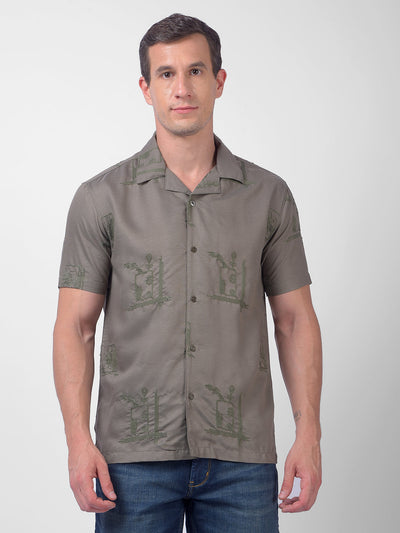 Men's Olive Green Embroidered Resort Collar Shirt