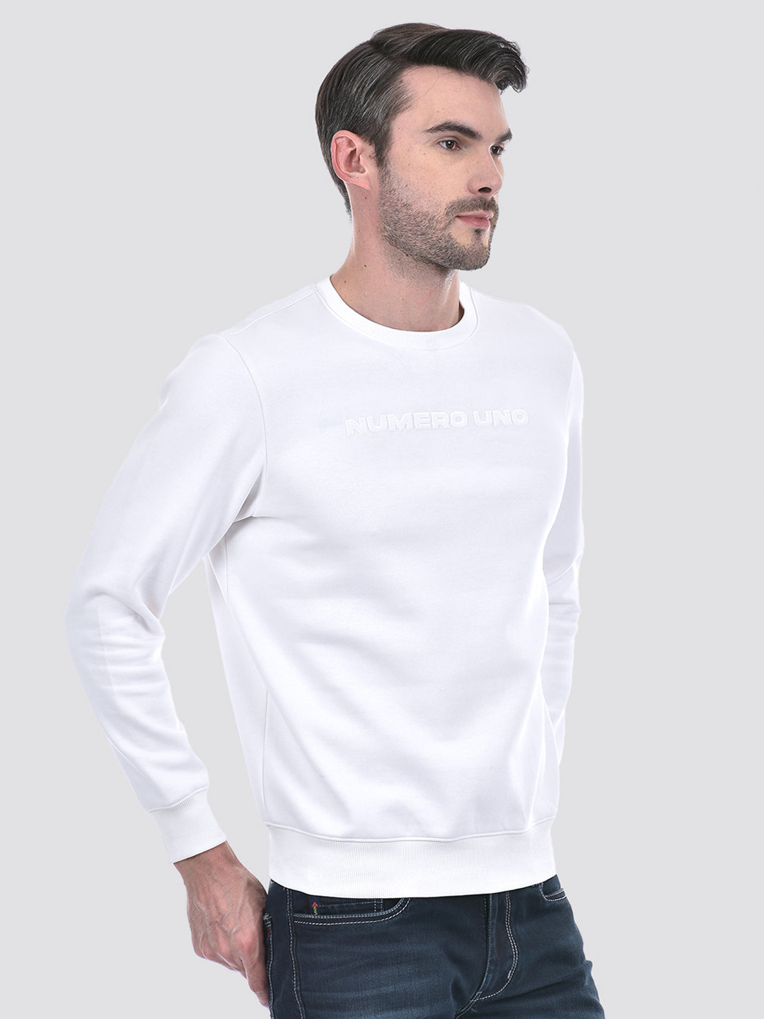 Buy Men's Solid White Round Neck Brushed Fleece Sweatshirt