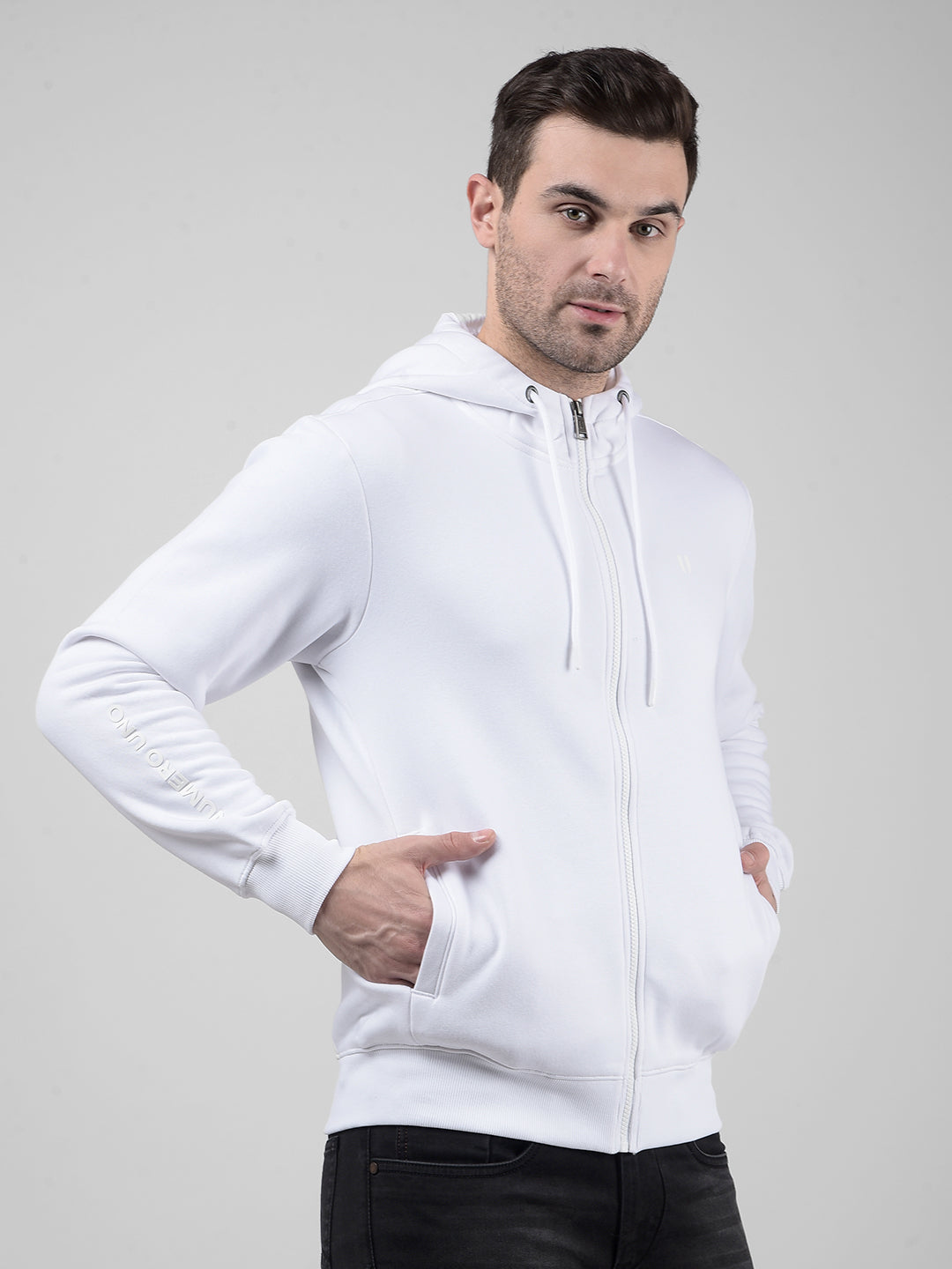 Buy Men's Solid White Front Open Zipper Brushed Fleece Sweatshirt