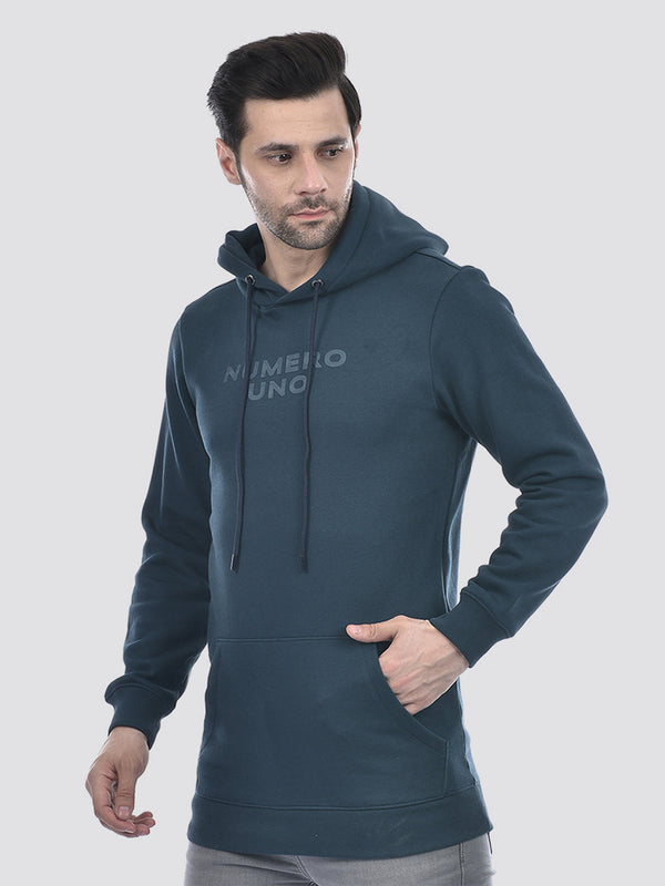 Men's Teal Regular Fit Hooded Neck Sweatshirt