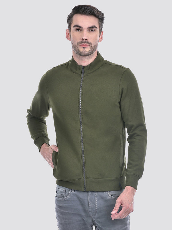 Men's Solid Green Mock Neck Brushed Fleece Sweatshirt