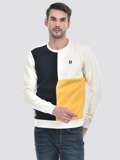Men's Cream Color Block Round Neck Sweatshirt
