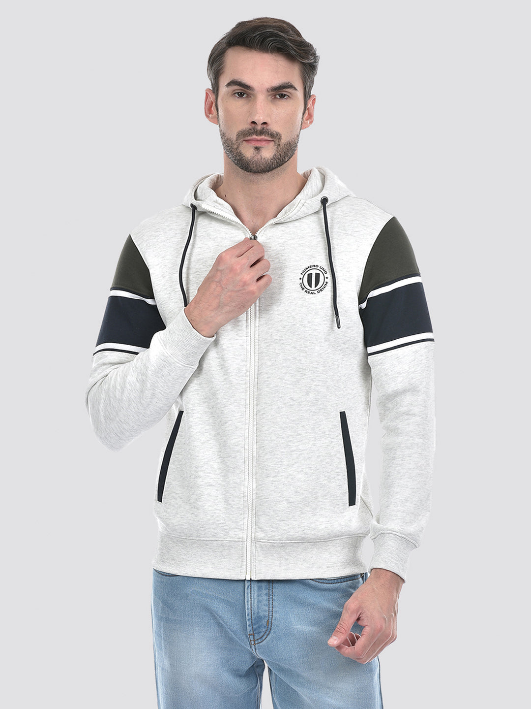 Buy Men's White Color Block Hooded Neck Sweatshirt Online | Numero Uno