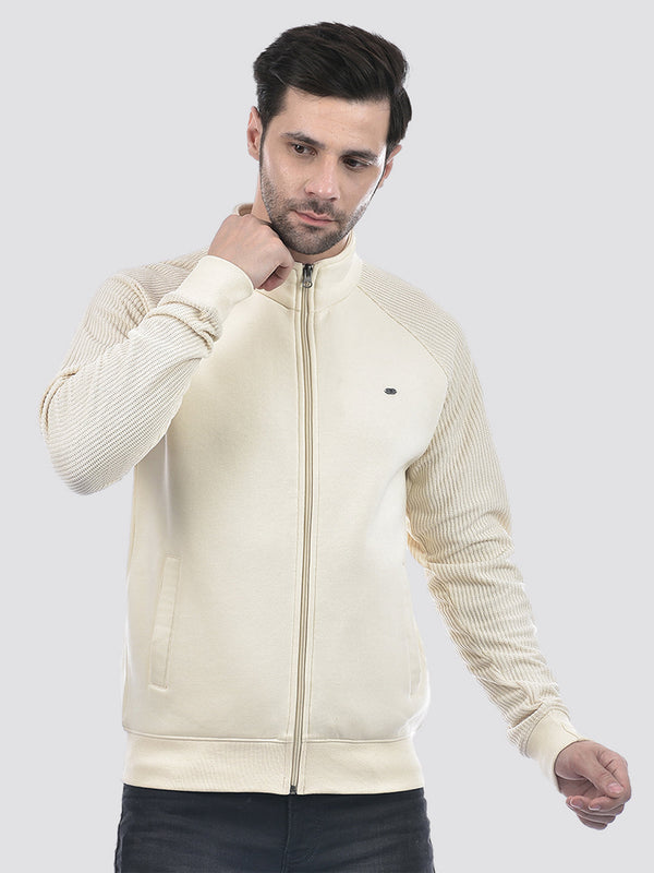 Men's Cream Front Open Zipper Regular Fit Sweatshirt