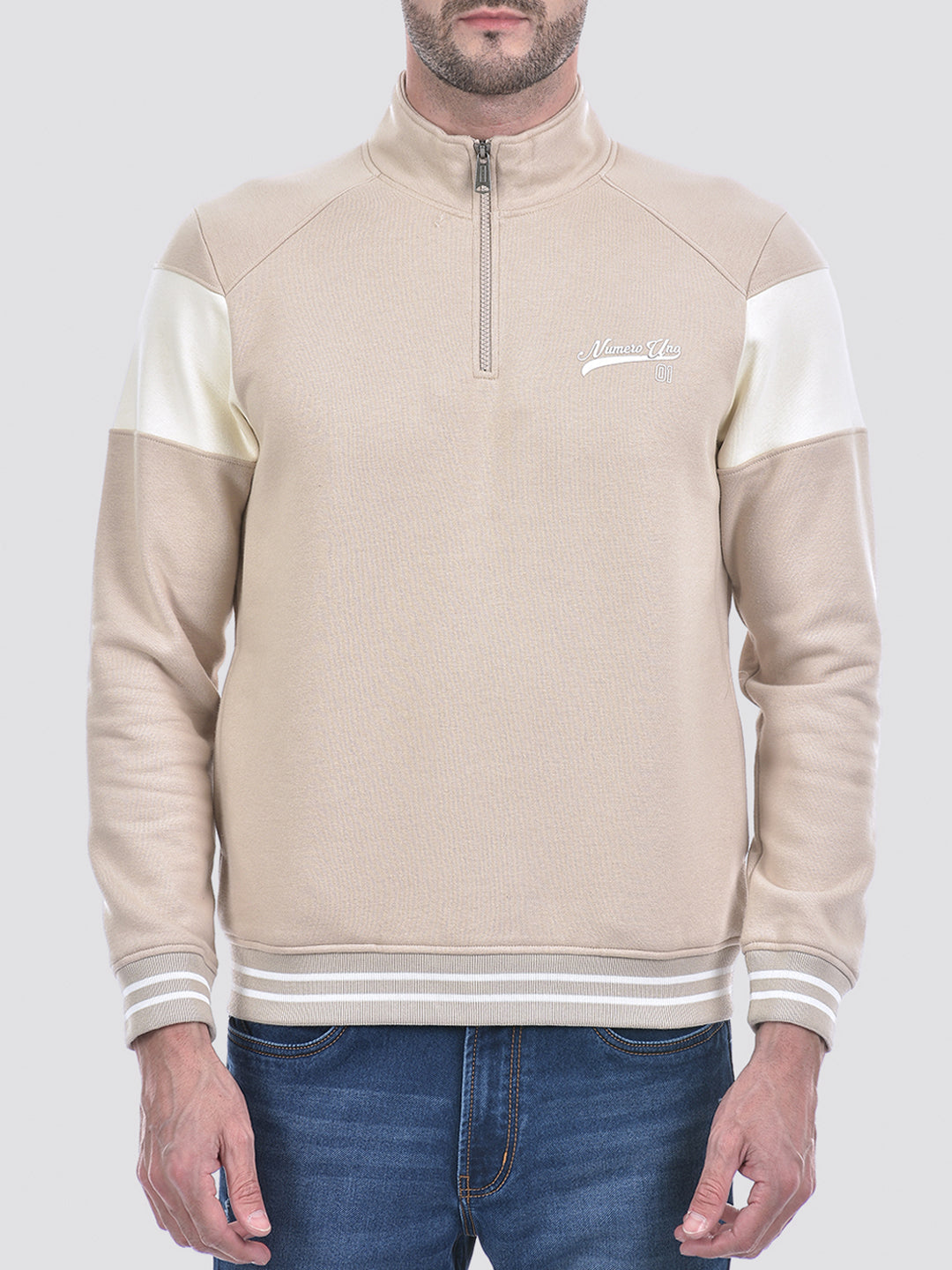 Buy Men's Beige Color Block Half Zipper Sweatshirt Online | Numero Uno