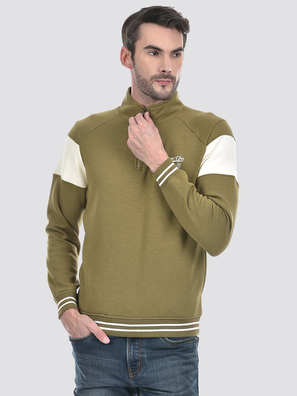 Men's Green Color Block Half Zipper Brushed Fleece Sweatshirt