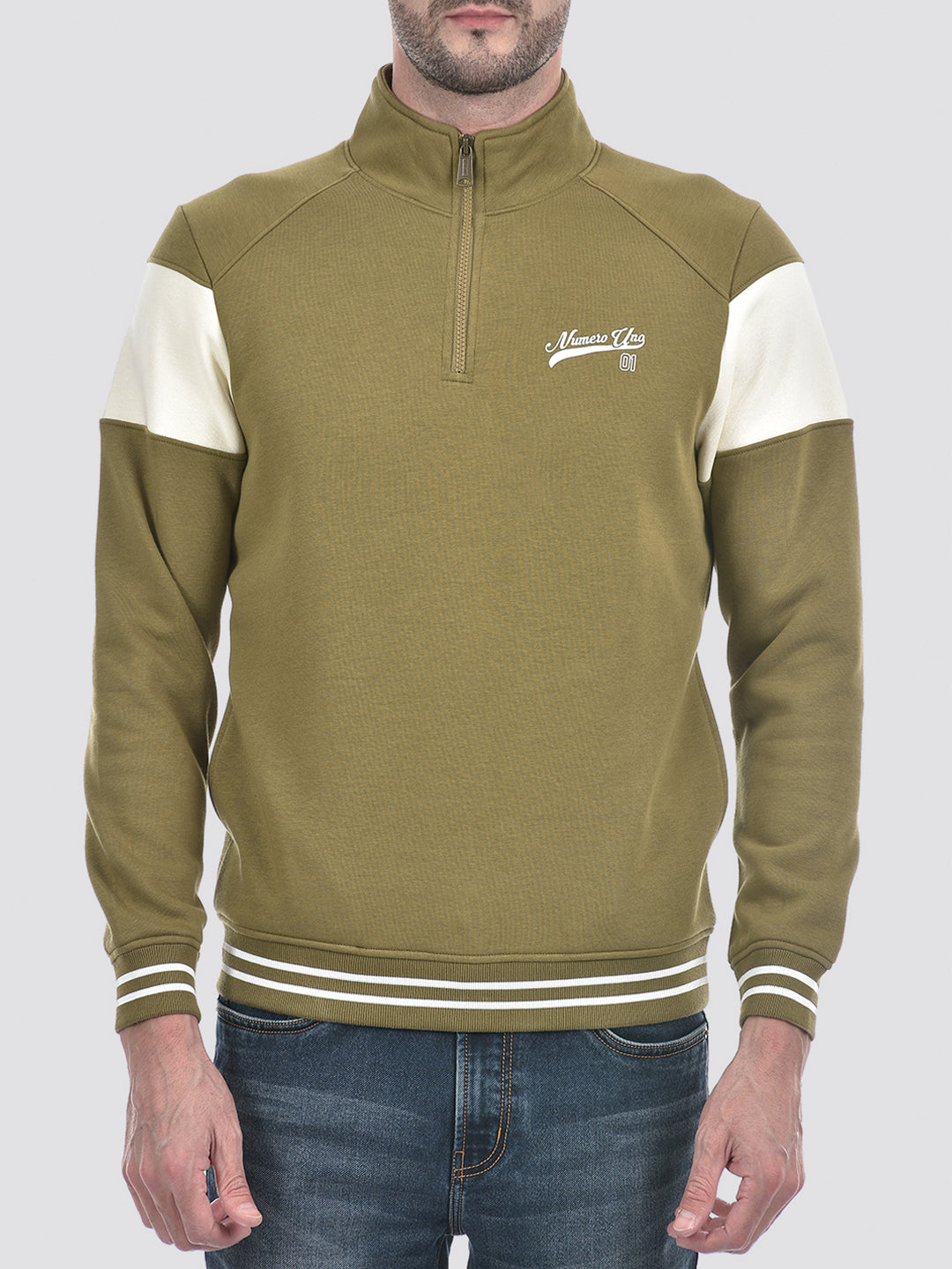 Buy Men's Green Color Block Half Zipper Brushed Fleece Sweatshirt