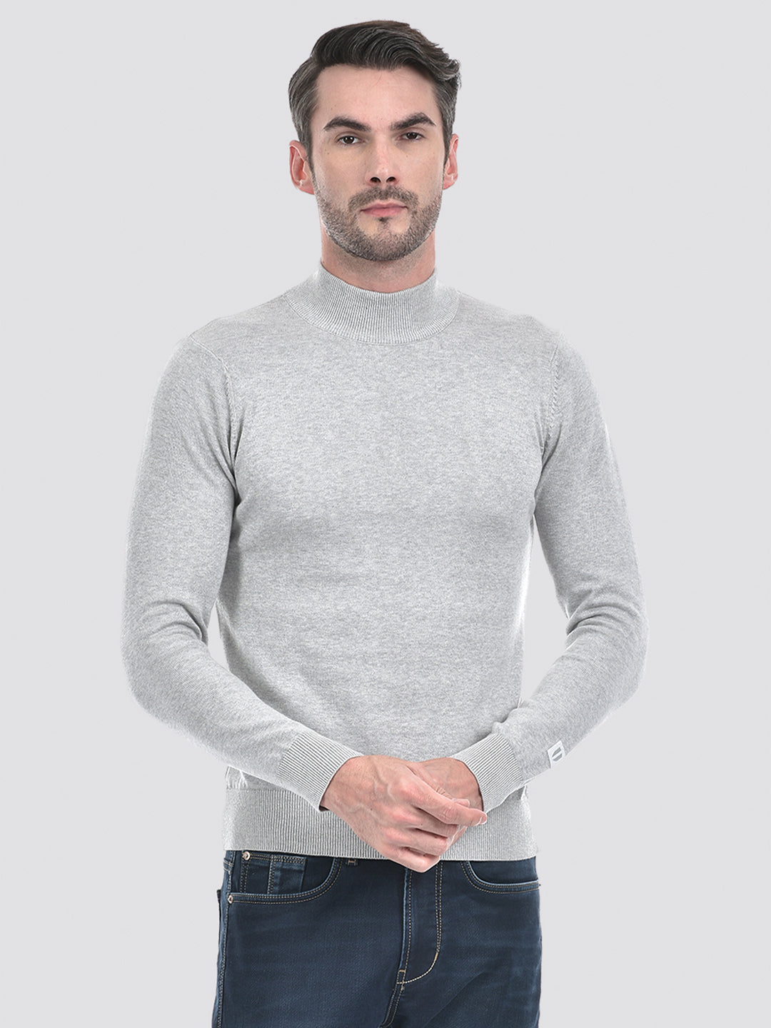 Buy Men's Grey Mock Neck Regular Fit Sweater Online | Numero Uno