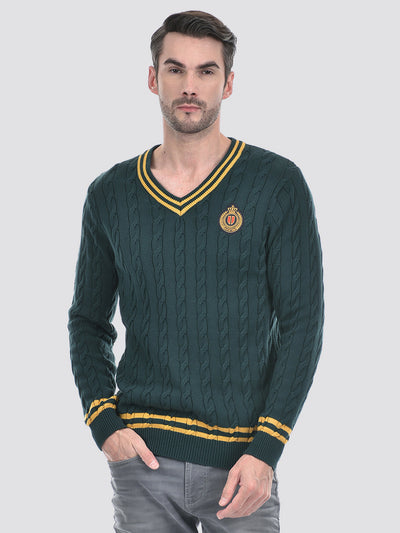Men's Green Cable V-Neck Sweater